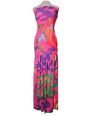 Vibrant Pink Strapless Maxi Dress Size S Mesh Abstract Tube Top Slit Drop Waist